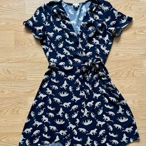 J. Crew short sleeve navy wrap dress with leopard pattern
